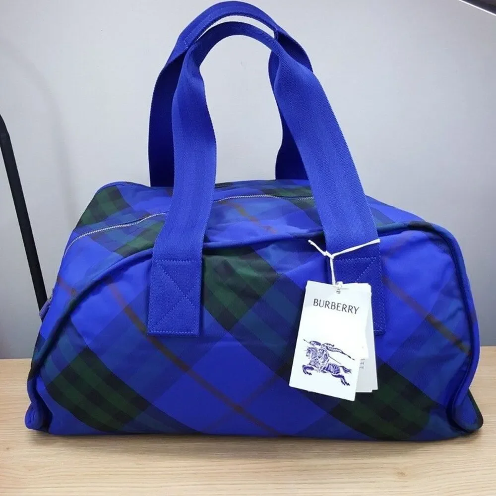 BURBERRY Duffle Bag Blue Nylon Shield Check Plaid Authentic Unisex $2050